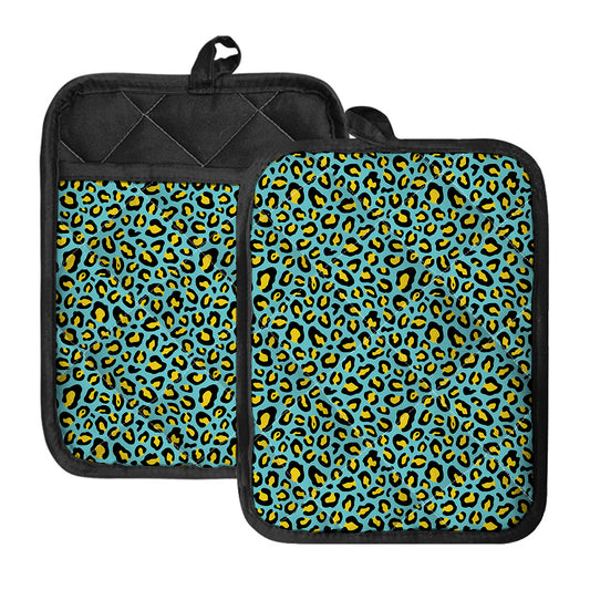 Teal And Yellow Leopard Pattern Print Pot Holders With Pocket