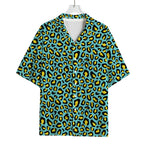 Teal And Yellow Leopard Pattern Print Rayon Hawaiian Shirt