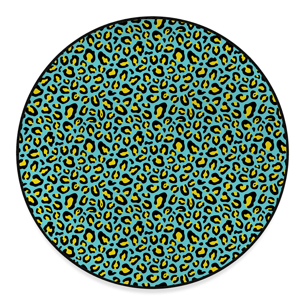 Teal And Yellow Leopard Pattern Print Round Floor Mat