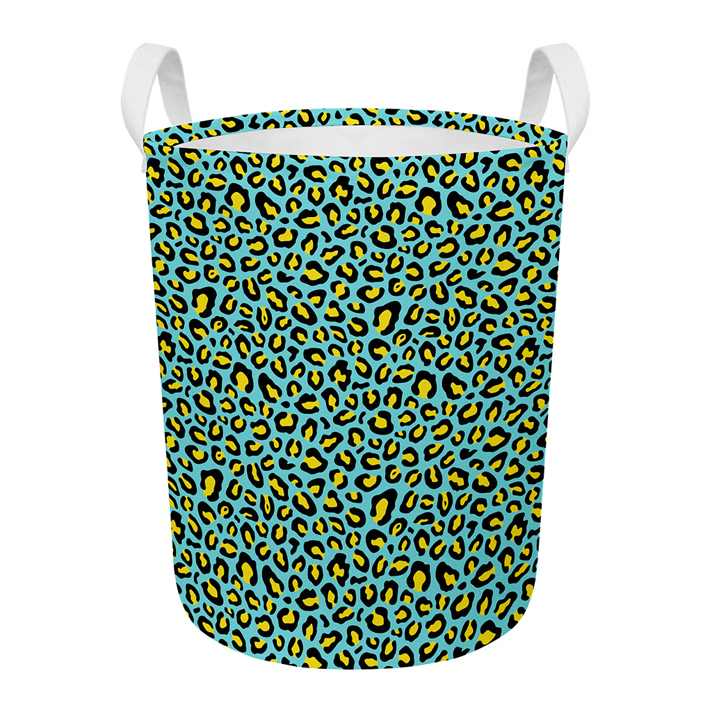 Teal And Yellow Leopard Pattern Print Round Laundry Basket