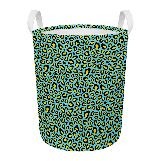 Teal And Yellow Leopard Pattern Print Round Laundry Basket