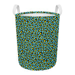 Teal And Yellow Leopard Pattern Print Round Laundry Basket