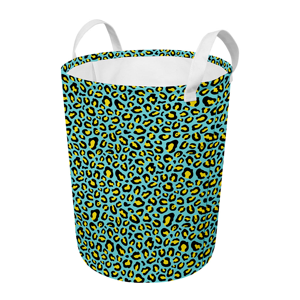 Teal And Yellow Leopard Pattern Print Round Laundry Basket
