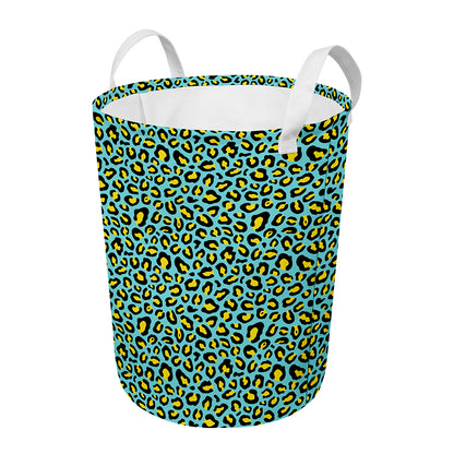 Teal And Yellow Leopard Pattern Print Round Laundry Basket