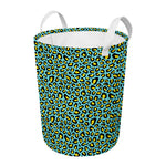 Teal And Yellow Leopard Pattern Print Round Laundry Basket