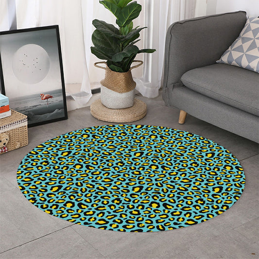 Teal And Yellow Leopard Pattern Print Round Rug