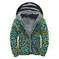 Teal And Yellow Leopard Pattern Print Sherpa Lined Zip Up Hoodie
