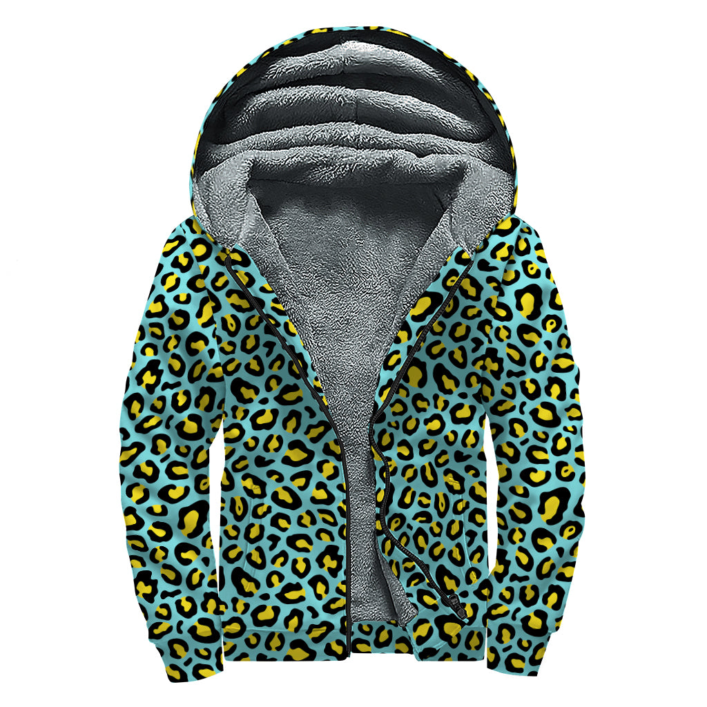 Teal And Yellow Leopard Pattern Print Sherpa Lined Zip Up Hoodie