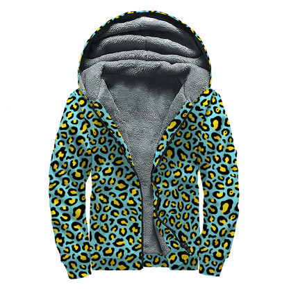 Teal And Yellow Leopard Pattern Print Sherpa Lined Zip Up Hoodie