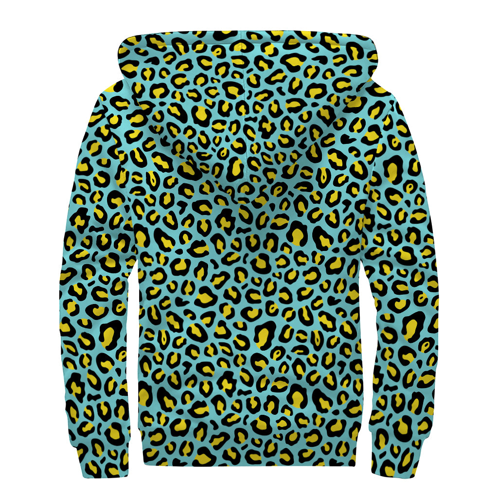 Teal And Yellow Leopard Pattern Print Sherpa Lined Zip Up Hoodie