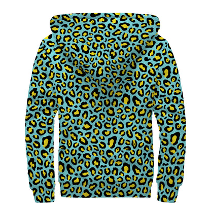 Teal And Yellow Leopard Pattern Print Sherpa Lined Zip Up Hoodie