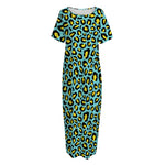 Teal And Yellow Leopard Pattern Print Short Sleeve Long Nightdress