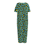 Teal And Yellow Leopard Pattern Print Short Sleeve Long Nightdress