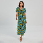 Teal And Yellow Leopard Pattern Print Short Sleeve Maxi Dress