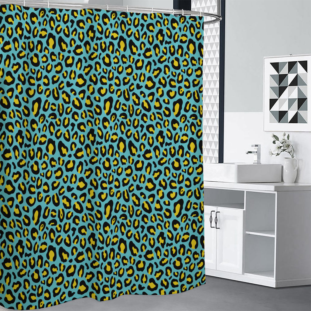 Teal And Yellow Leopard Pattern Print Shower Curtain