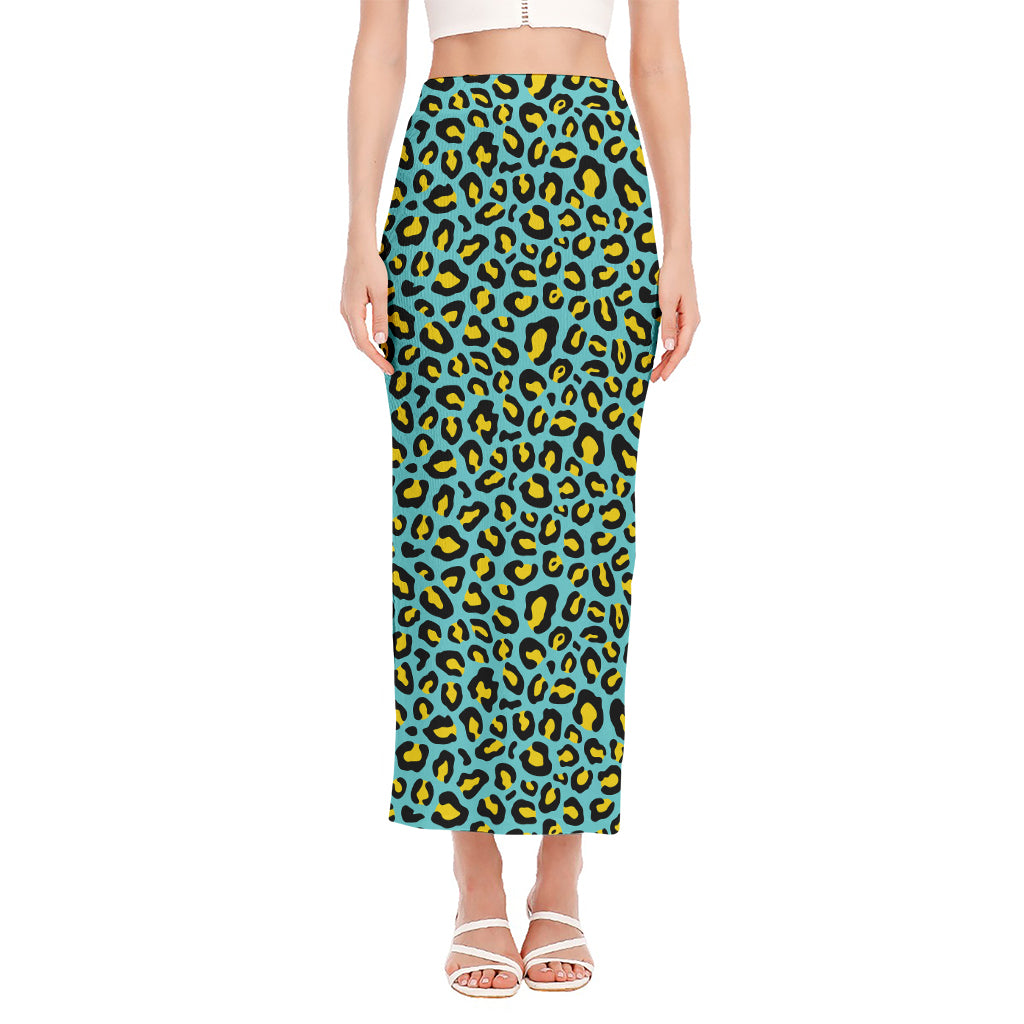 Teal And Yellow Leopard Pattern Print Side Slit Maxi Skirt