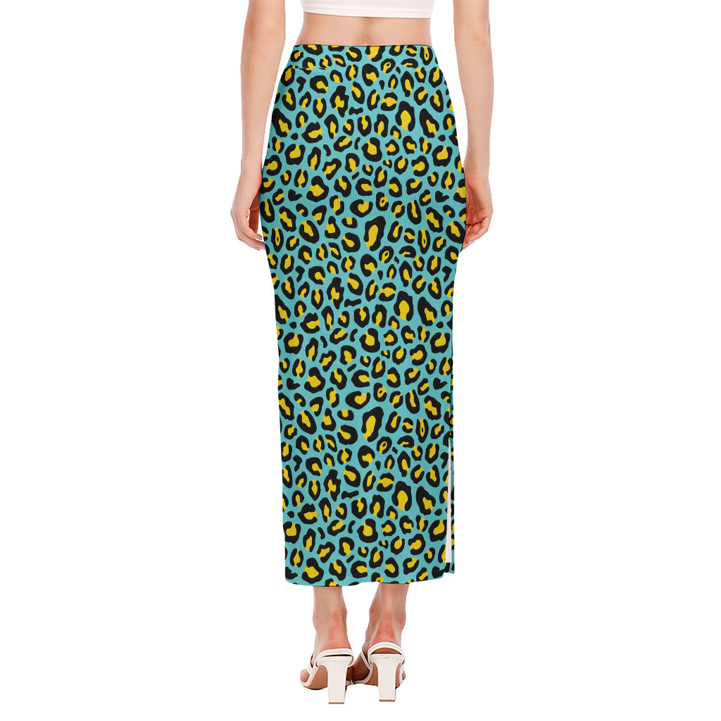 Teal And Yellow Leopard Pattern Print Side Slit Maxi Skirt