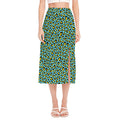 Teal And Yellow Leopard Pattern Print Side Slit Midi Skirt