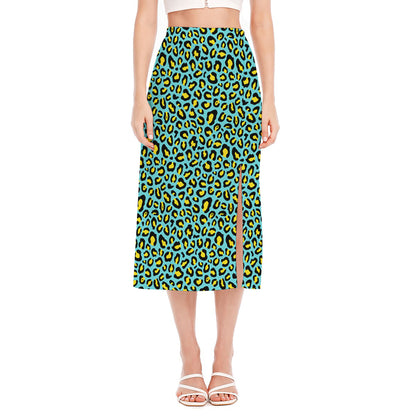 Teal And Yellow Leopard Pattern Print Side Slit Midi Skirt
