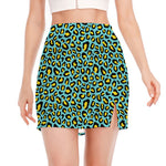 Teal And Yellow Leopard Pattern Print Side Slit Mini Skirt