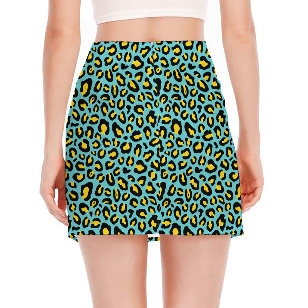 Teal And Yellow Leopard Pattern Print Side Slit Mini Skirt