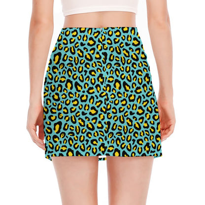 Teal And Yellow Leopard Pattern Print Side Slit Mini Skirt