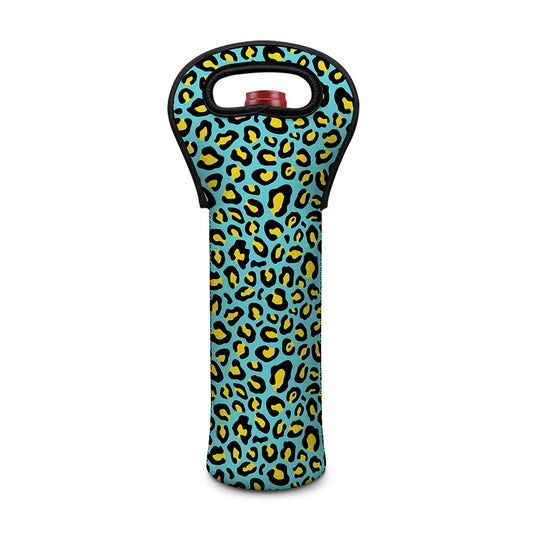 Teal And Yellow Leopard Pattern Print Single Neoprene Wine Tote