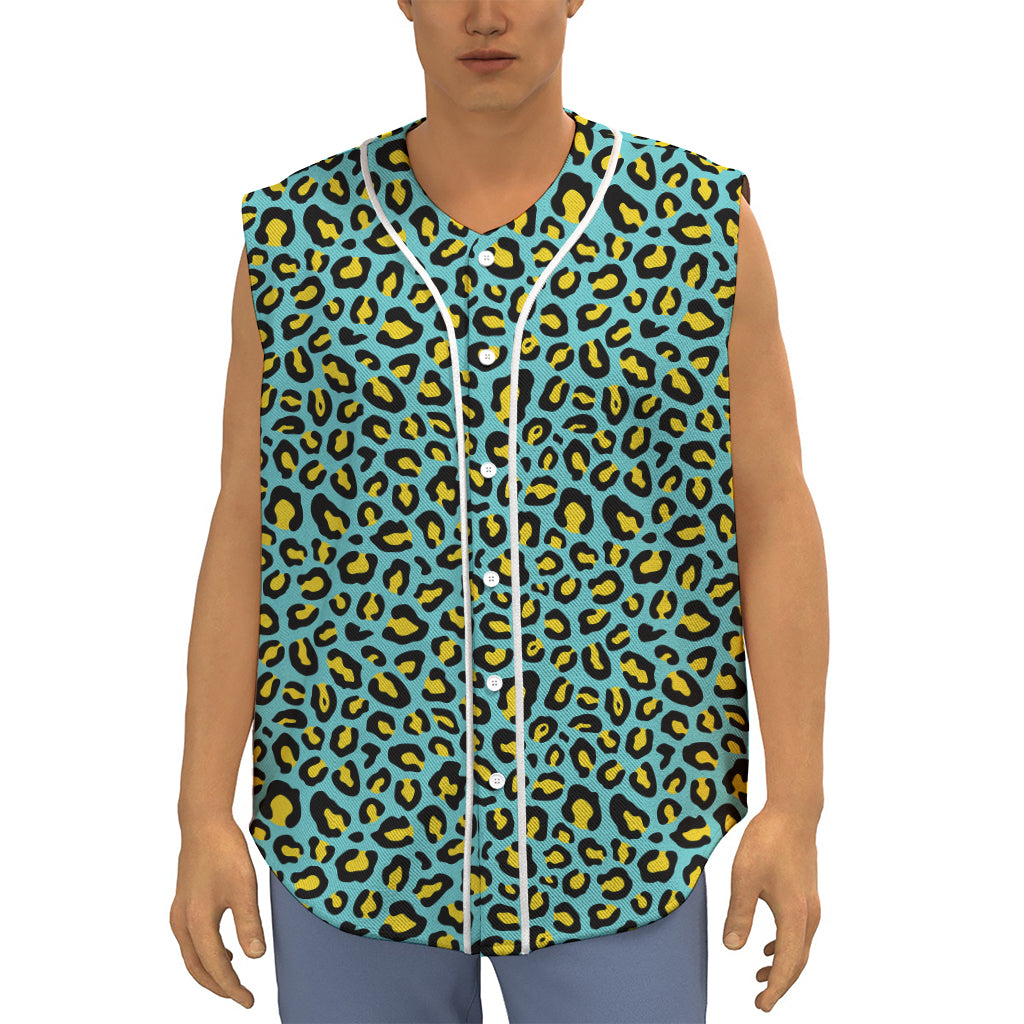 Teal And Yellow Leopard Pattern Print Sleeveless Baseball Jersey