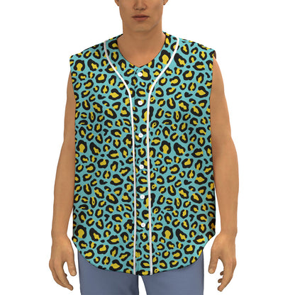 Teal And Yellow Leopard Pattern Print Sleeveless Baseball Jersey