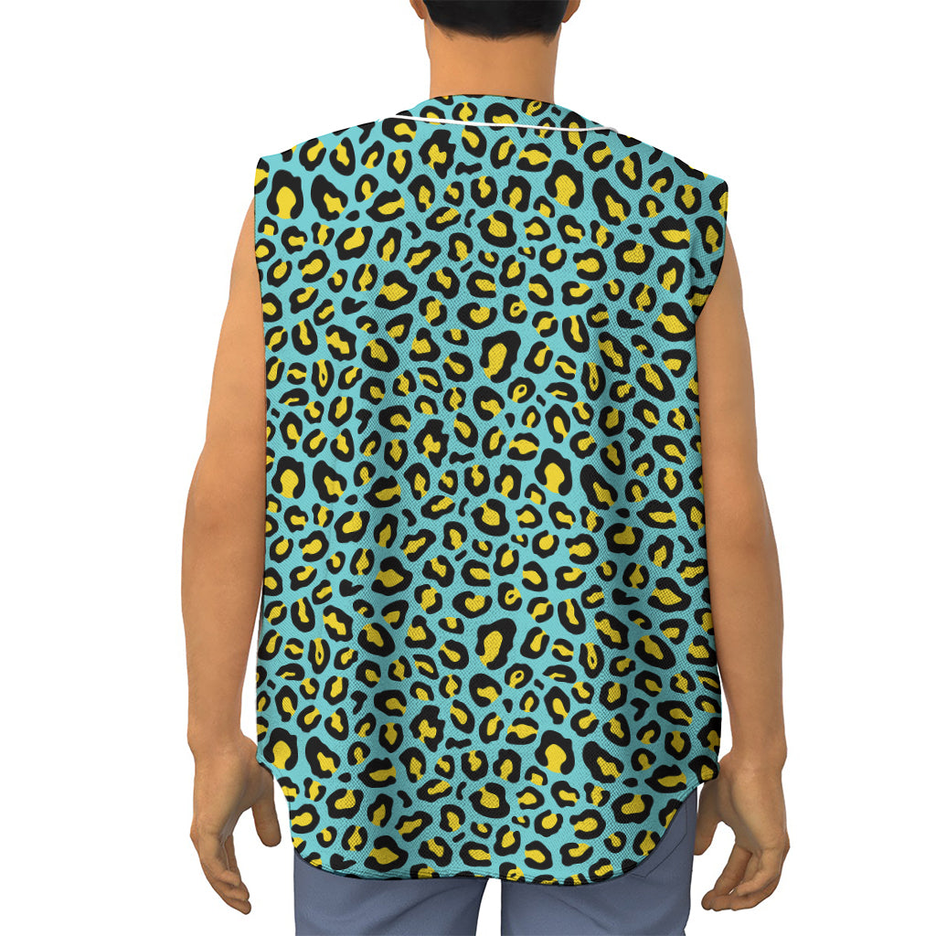 Teal And Yellow Leopard Pattern Print Sleeveless Baseball Jersey
