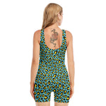 Teal And Yellow Leopard Pattern Print Sleeveless One Piece Swimsuit