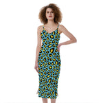 Teal And Yellow Leopard Pattern Print Slim Fit Midi Cami Dress