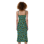 Teal And Yellow Leopard Pattern Print Slim Fit Midi Cami Dress