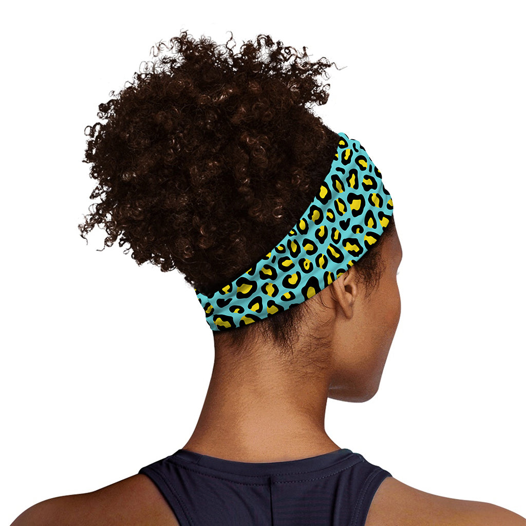 Teal And Yellow Leopard Pattern Print Sports Headband