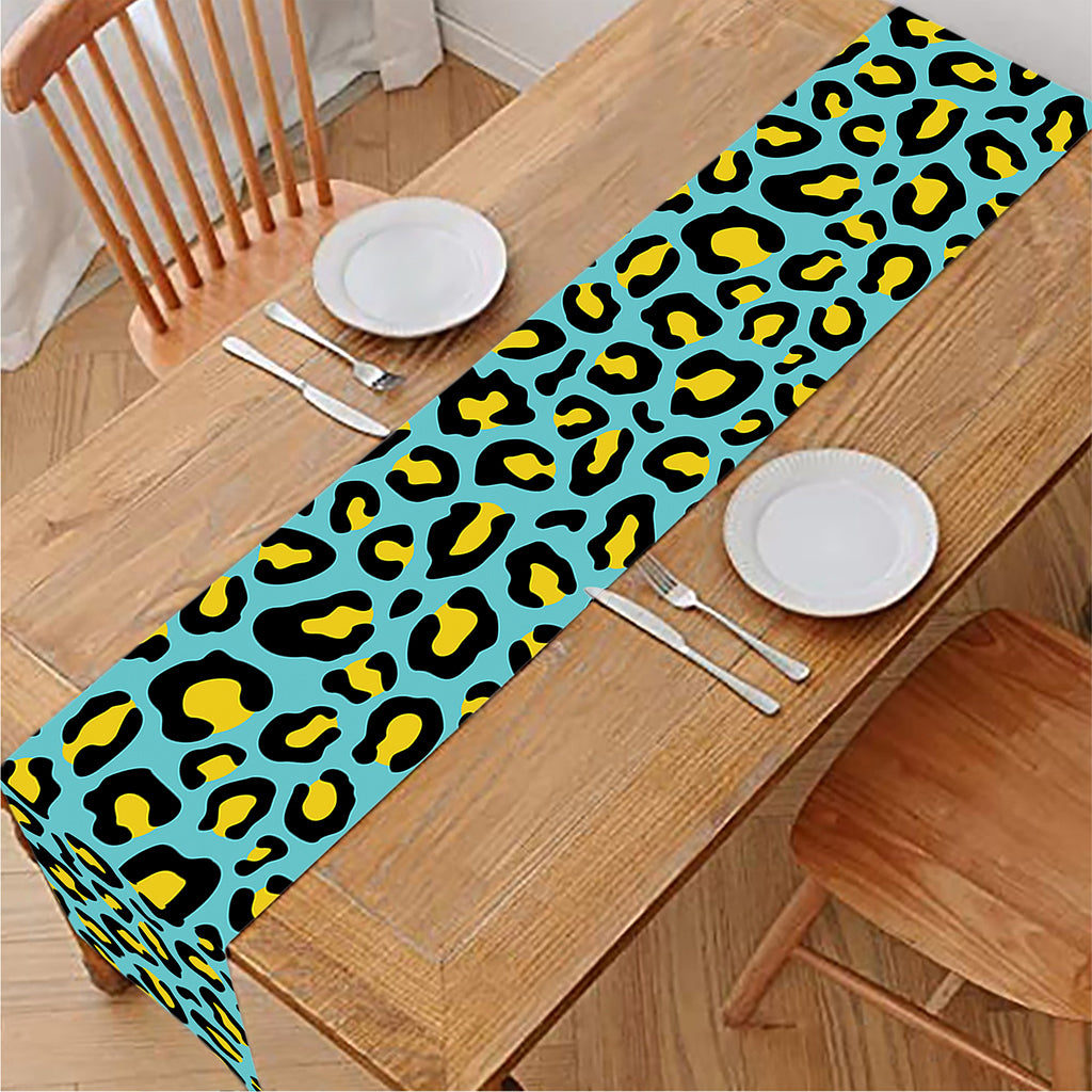Teal And Yellow Leopard Pattern Print Table Runner