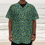 Teal And Yellow Leopard Pattern Print Textured Short Sleeve Shirt