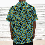 Teal And Yellow Leopard Pattern Print Textured Short Sleeve Shirt