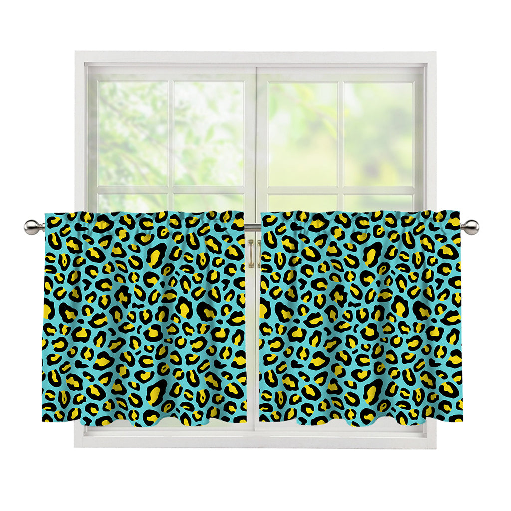 Teal And Yellow Leopard Pattern Print Tier Curtains