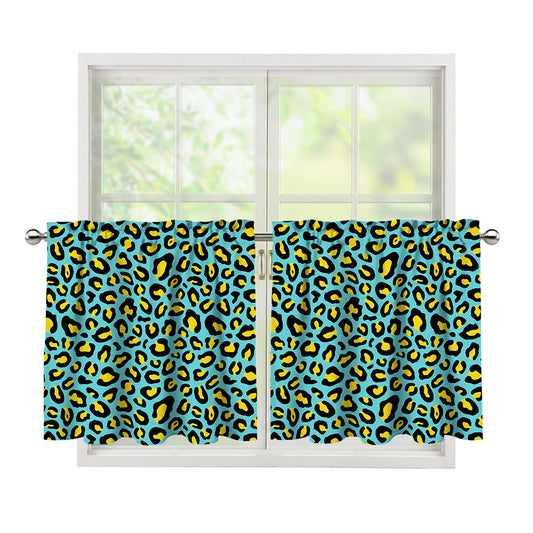 Teal And Yellow Leopard Pattern Print Tier Curtains
