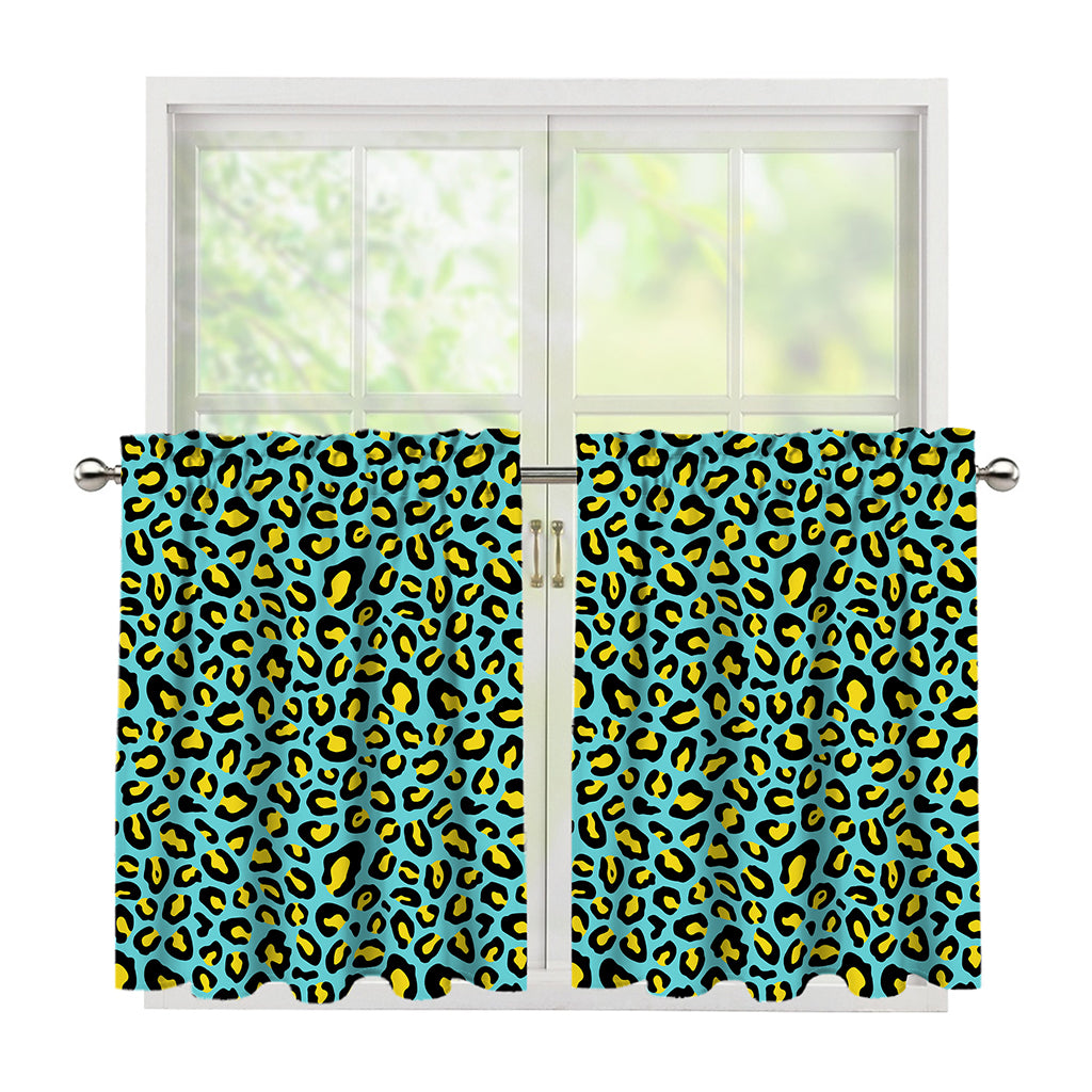 Teal And Yellow Leopard Pattern Print Tier Curtains