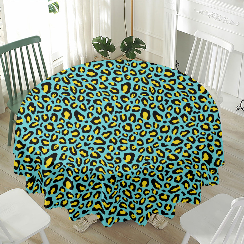 Teal And Yellow Leopard Pattern Print Waterproof Round Tablecloth