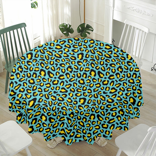 Teal And Yellow Leopard Pattern Print Waterproof Round Tablecloth
