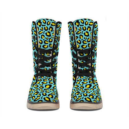 Teal And Yellow Leopard Pattern Print Winter Boots