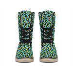 Teal And Yellow Leopard Pattern Print Winter Boots