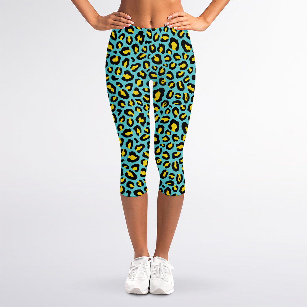 Teal And Yellow Leopard Pattern Print Women's Capri Leggings