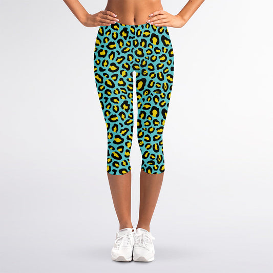 Teal And Yellow Leopard Pattern Print Women's Capri Leggings