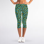 Teal And Yellow Leopard Pattern Print Women's Capri Leggings