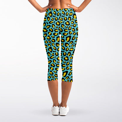 Teal And Yellow Leopard Pattern Print Women's Capri Leggings