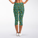 Teal And Yellow Leopard Pattern Print Women's Capri Leggings