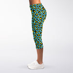 Teal And Yellow Leopard Pattern Print Women's Capri Leggings